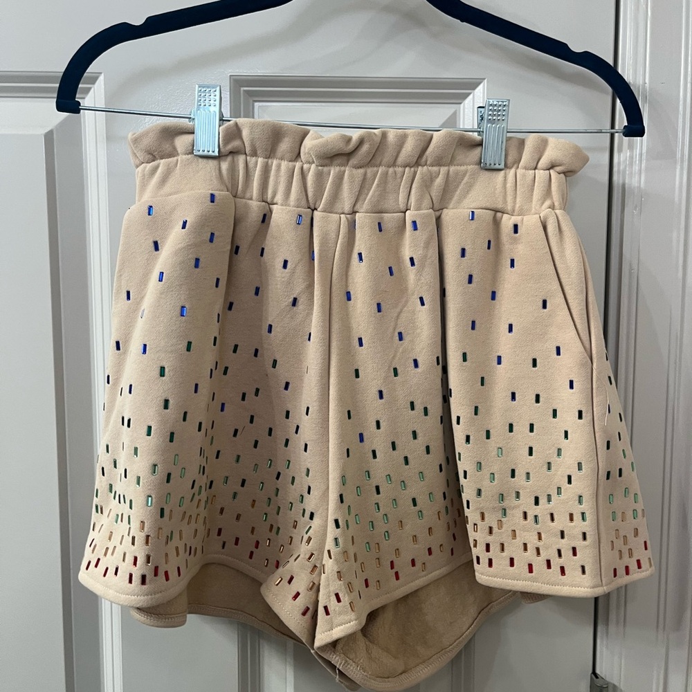 QUEEN OF SPARKLES Tan Shorts with Rainbow rhinestones - Worn Once Briefly